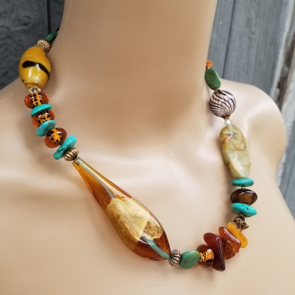 ARTISAN MADE GEMSTONE & ART GLASS MEDLEY STATEMENT NECKLACE WITH 14K GOLD CHAIN - Picture 2 of 11